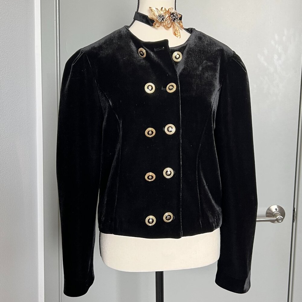 Vintage style 90s middle age puff sleeves velvet blazer suit jacket golden jewel